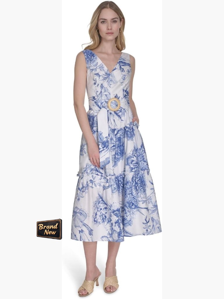 Sleeveless V-Neck Floral Midi Dress With Zipper Closure, Hand Wash Only